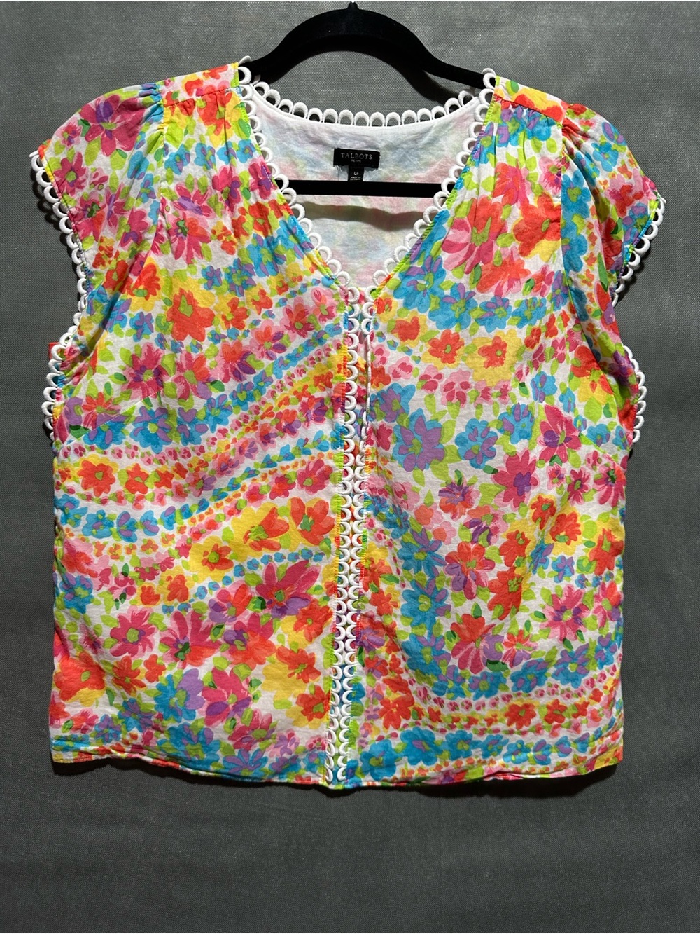 Talbots Petite Floral Cotton Top White Lace Trim - LP